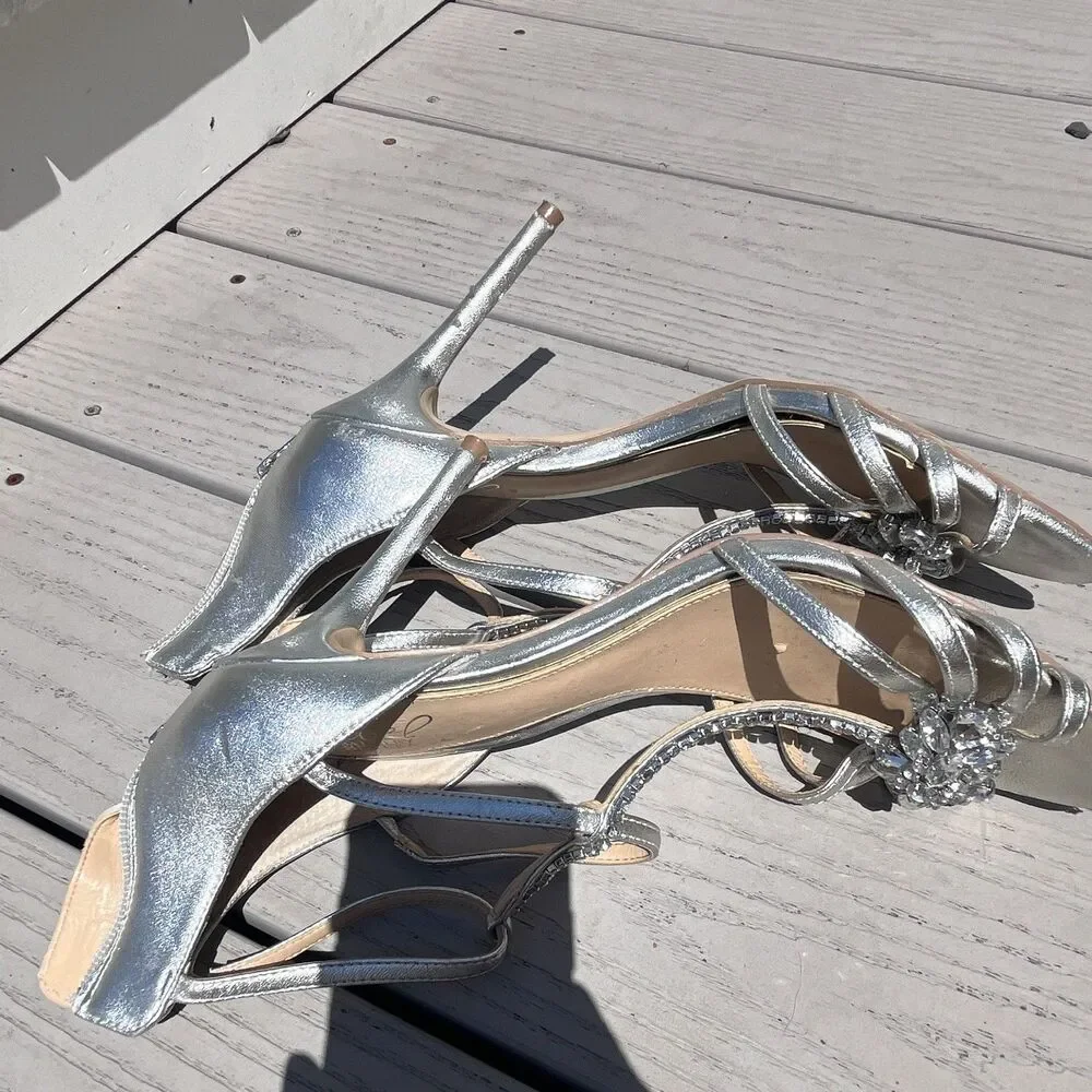 Jewel Badgley Mischka Silver Strappy Crystal Open Toe Stiletto Zip Heel US 10